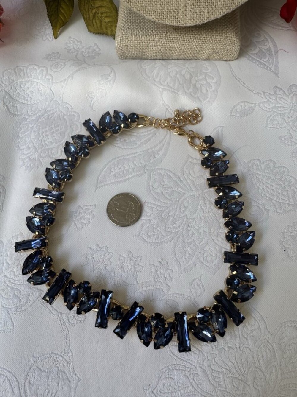 Nordstrom Sequin Sapphire Blue Gold Tone Chunky Stone Necklace 18" $125 NEW